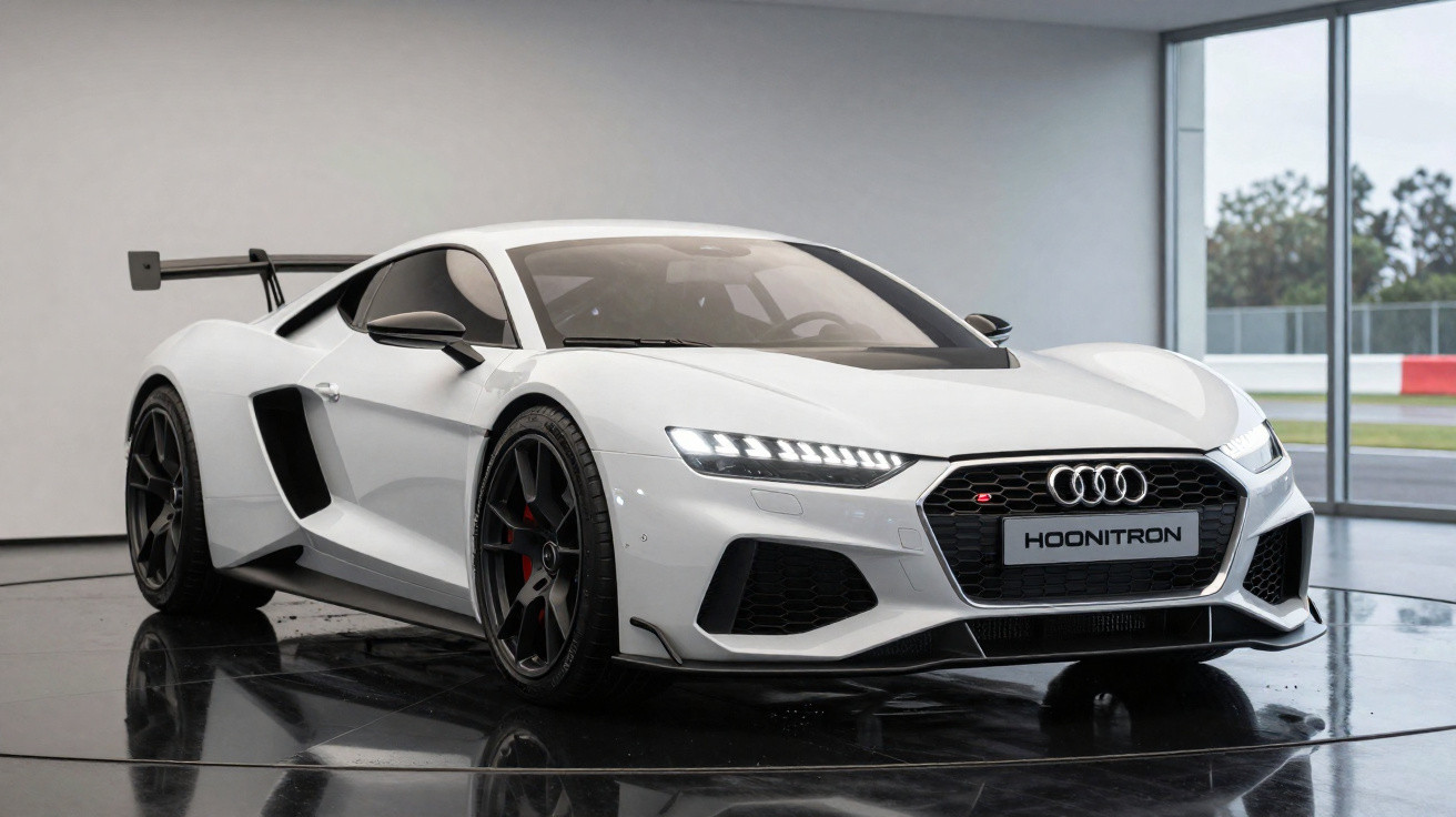 Weißer Audi Sportwagen mit Rennflügel und LED-Scheinwerfern in modernem Showroom