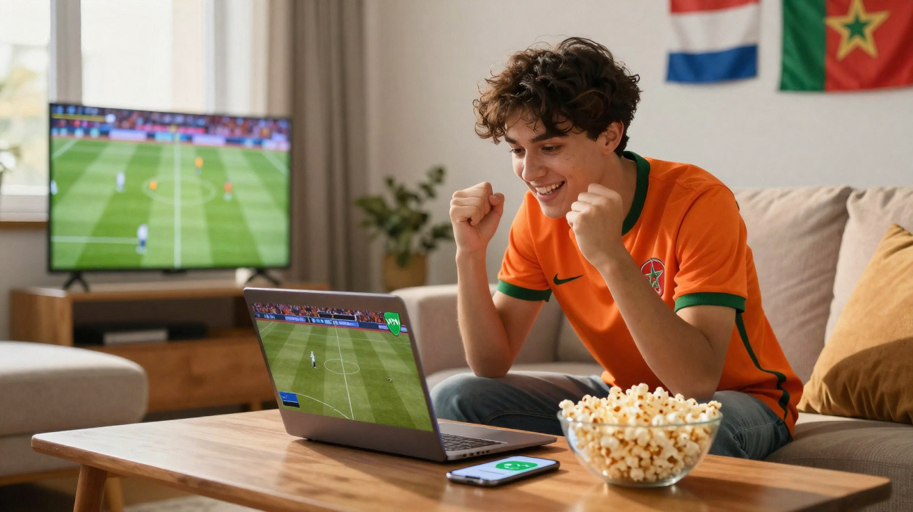 Junger Mann mit Oranje-Trikot freut sich vor Laptop beim Fußballschauen, Popcorn und TV im Hintergrund.