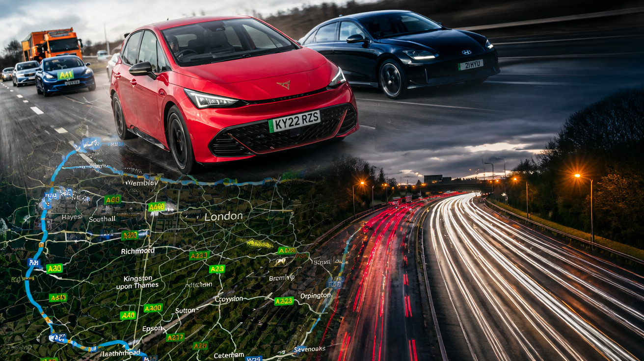 Zwei moderne Autos auf Straße, darunter Karte von London und Autobahn mit Lichtspuren bei Nacht.
