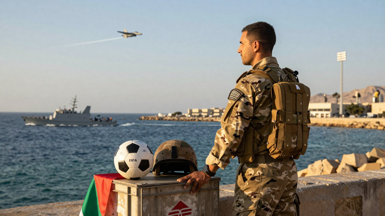 Soldat in Tarnuniform blickt aufs Meer, neben Fußball, Helm und Flagge am Hafen mit Schiff und Flugzeug.