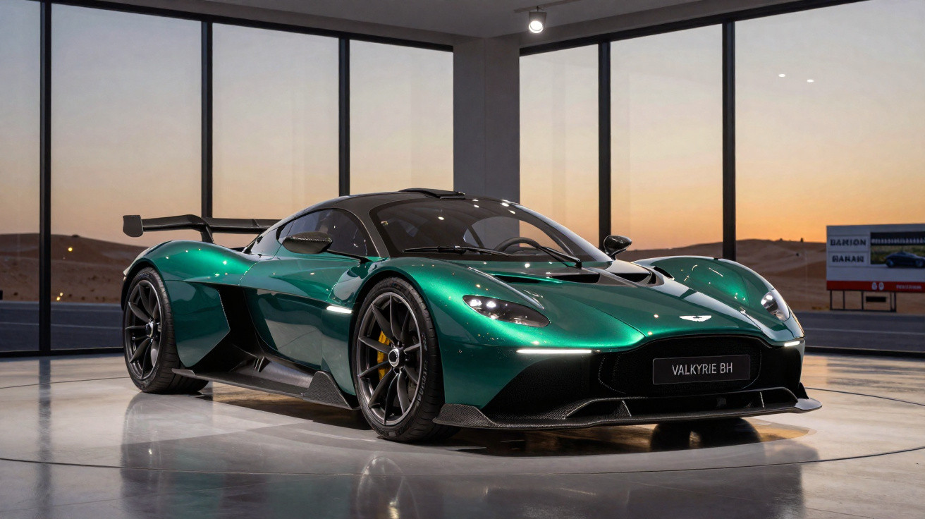 Grüner Aston Martin Valkyrie BH Supersportwagen in Showroom bei Sonnenuntergang vor großen Fenstern