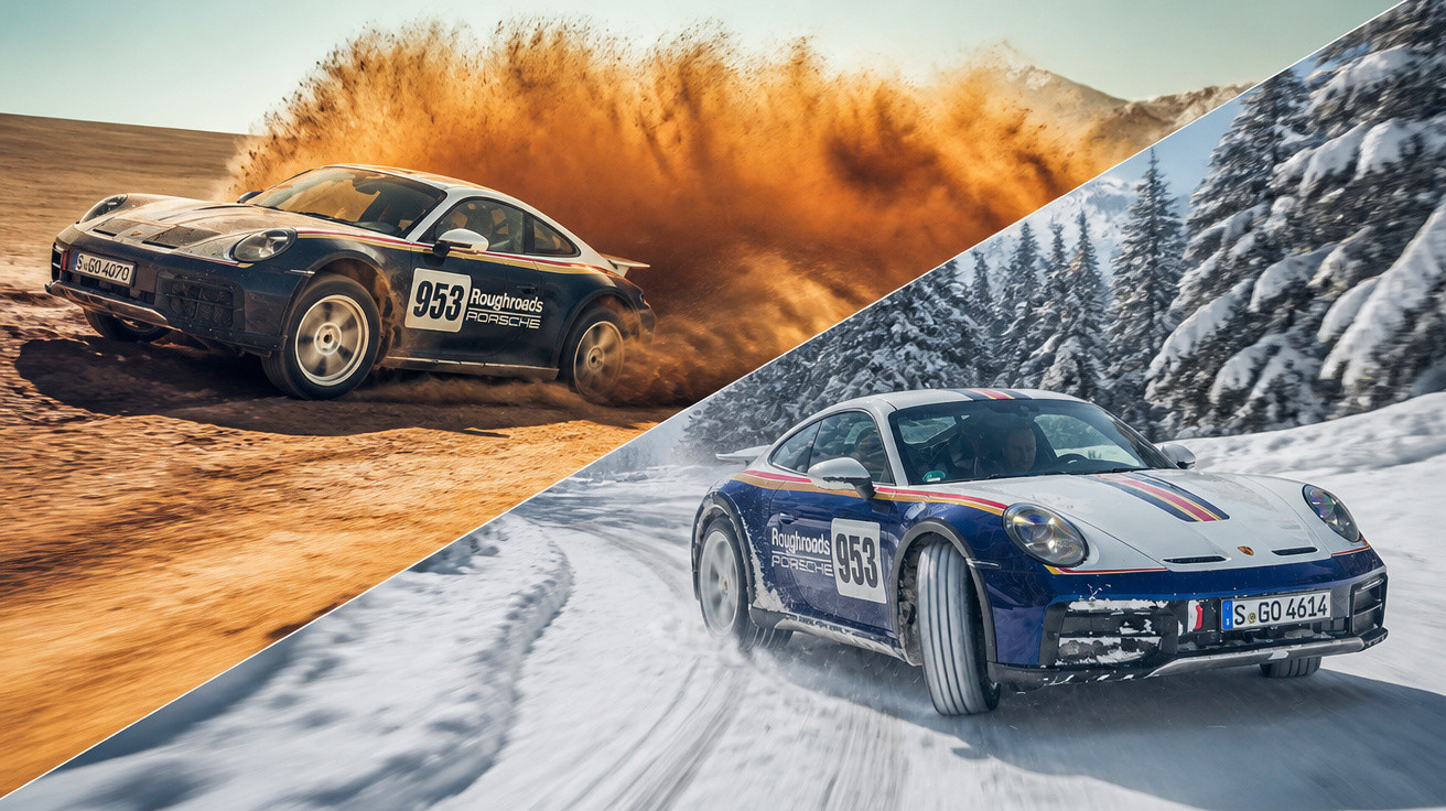 Zwei Porsche 911 auf trockenem Sand und schneebedeckter Straße, die Drift-Fahrten ausführen.