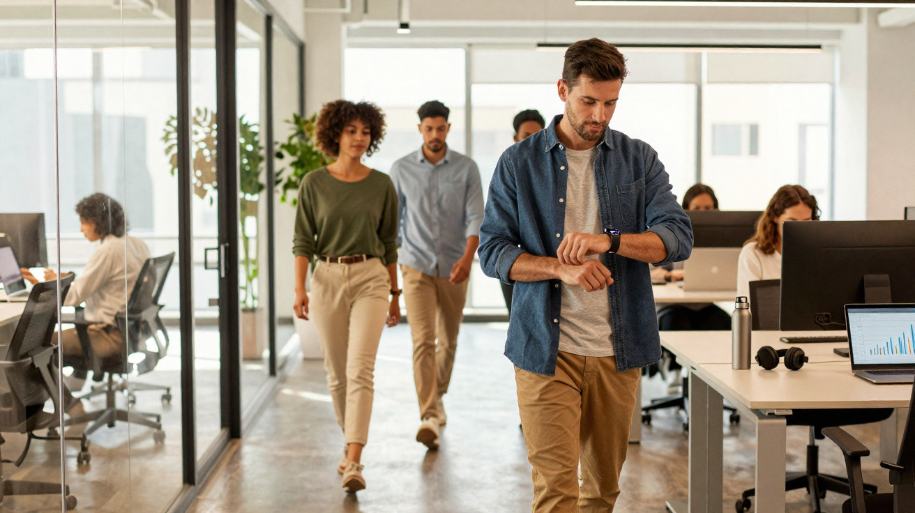 Vier Büroangestellte gehen durch einen modernen hellen Arbeitsplatz mit Schreibtischen und Computern.