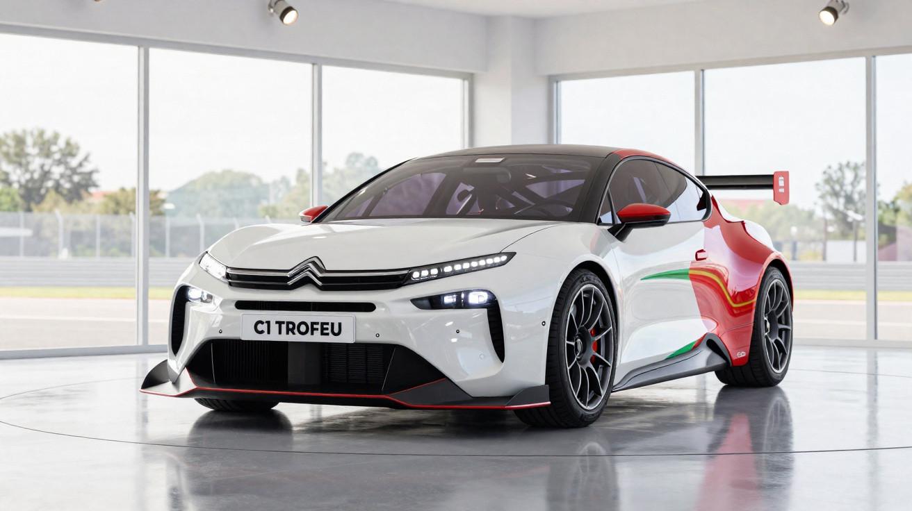 Weiß-rotes Citroën C1 Trofeu Rennsportfahrzeug in moderner, heller Garage mit großem Fenster.