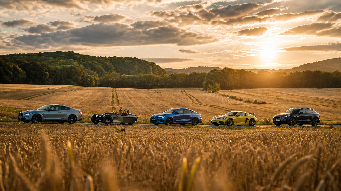 Fünf Autos auf Landstraße vor einem goldenen Kornfeld bei Sonnenuntergang mit bewölktem Himmel.