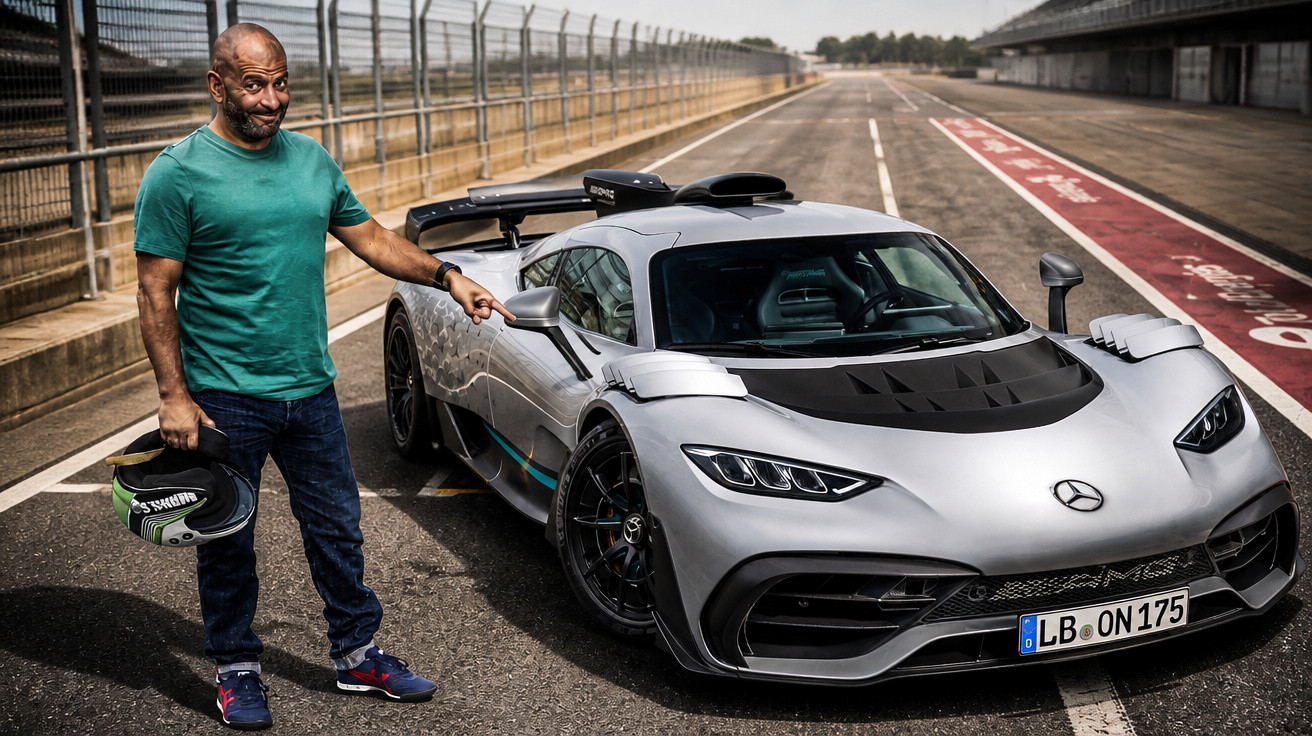 Mann mit grünem T-Shirt zeigt auf silbernen Mercedes-AMG Supersportwagen auf Rennstrecke.