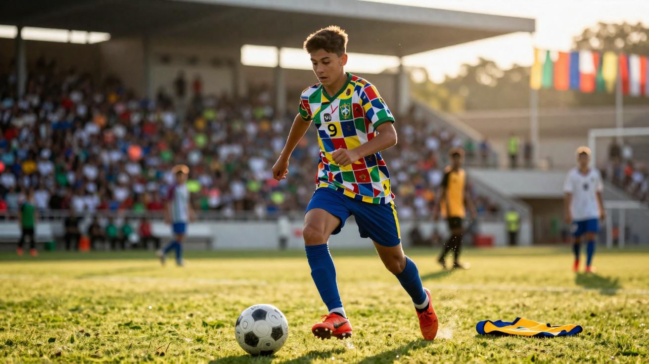 Jugendlicher Fußballspieler in buntem Trikot dribbelt den Ball auf dem Spielfeld bei Sonnenlicht.