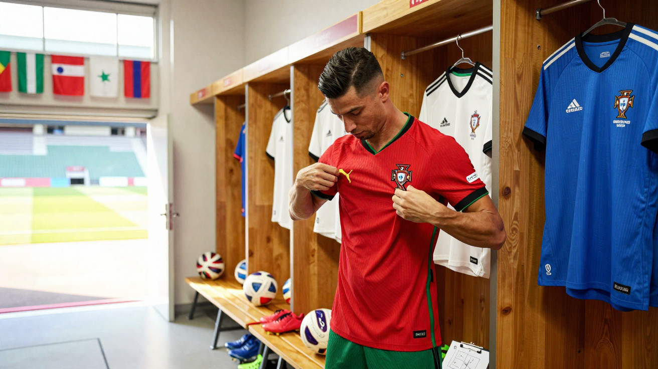 Fußballspieler im roten Trikot trägt nationale Teamweste in Umkleidekabine vor Spielbeginn.