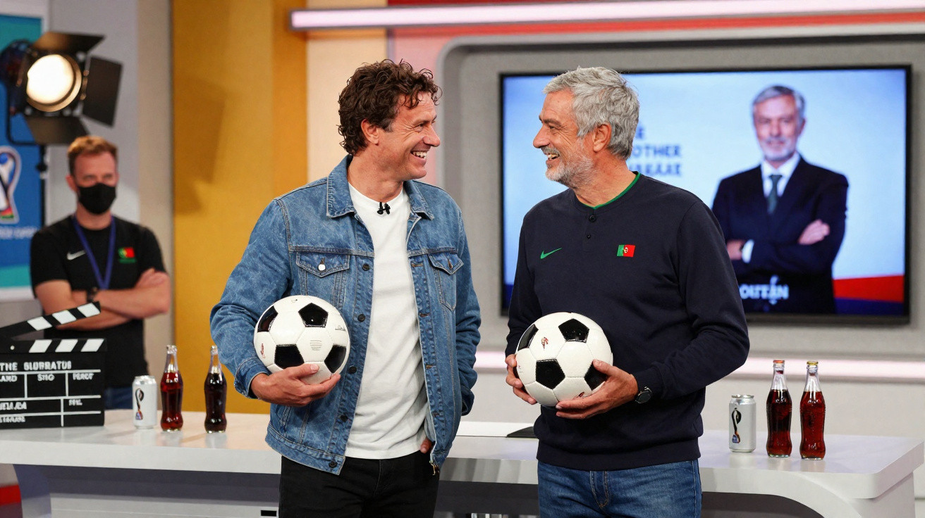 Zwei Männer mit Jeansjacke und Pullover halten Fußballbälle und lächeln sich in einem Fernsehstudio an.