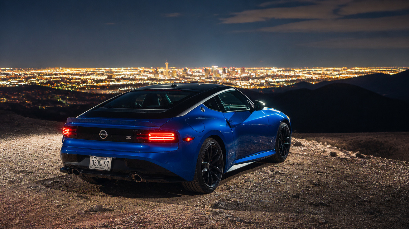 Blaues Sportcoupé parkt nachts auf Berg mit Blick auf beleuchtete Stadt im Hintergrund.