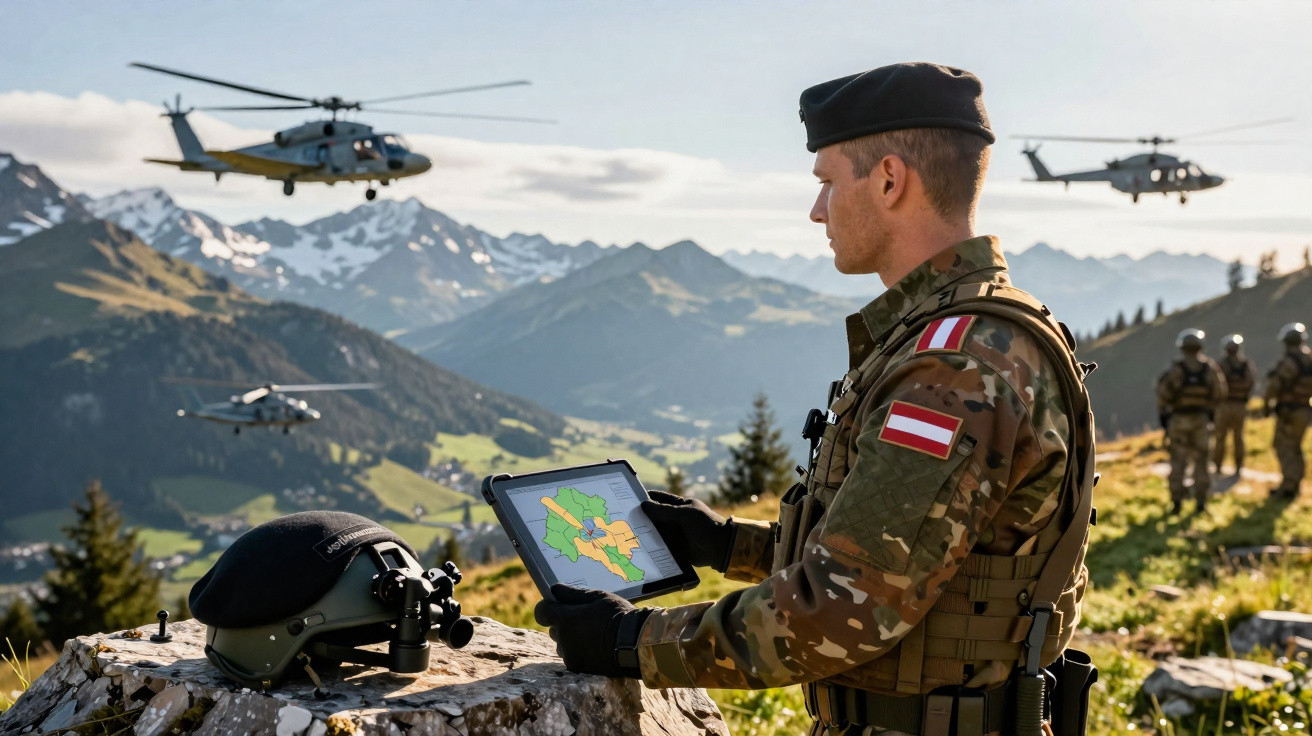 Soldat in Tarnuniform mit Tablet in den Alpen, Helikopter fliegen im Hintergrund, weitere Soldaten in Formation.