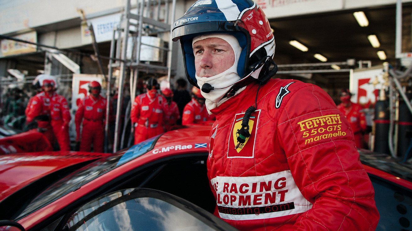 Renningenieur in rotem Ferrari-Rennanzug und Helm steht neben rotem Ferrari 550 GTS im Boxenbereich.