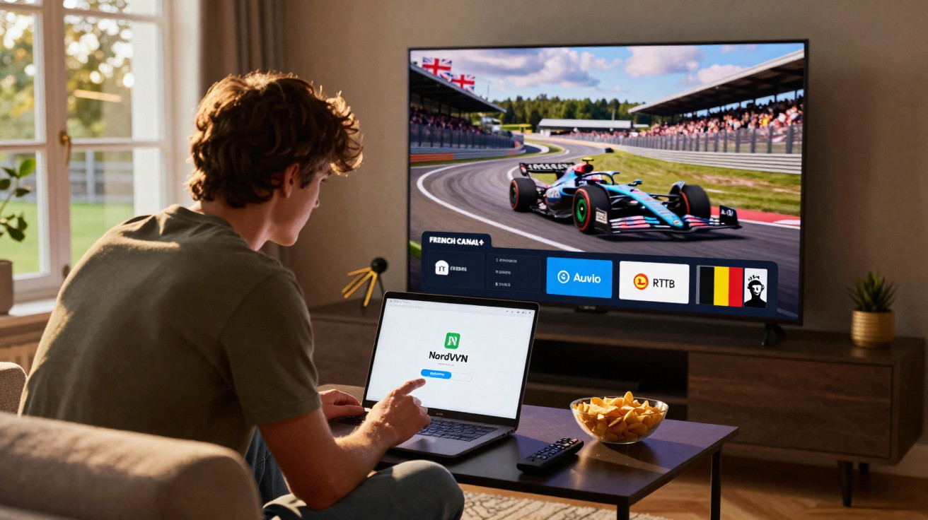 Junger Mann sitzt am Tisch, nutzt Laptop mit NordVPN, Fernseher zeigt Autorennen, Chips auf dem Tisch.