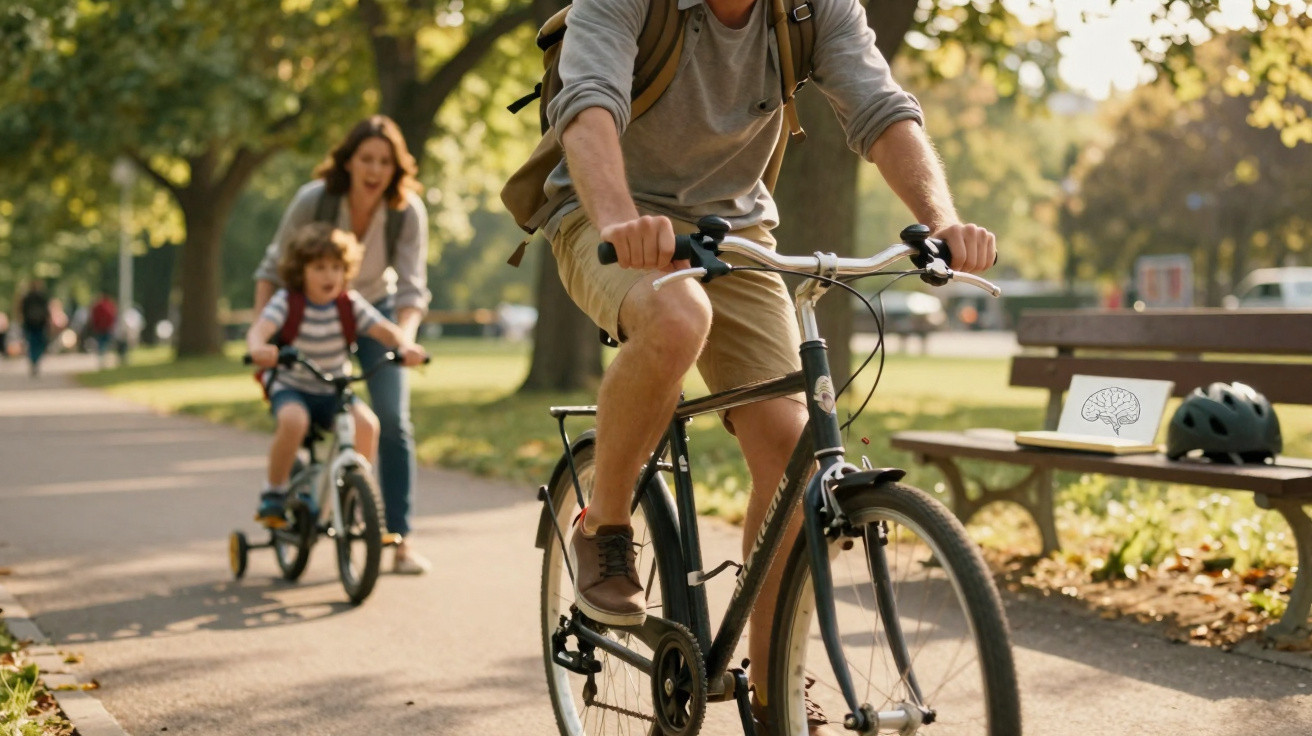 Vater fährt Fahrrad, Kind lernt Radfahren mit Stützrädern, Mutter begleitet im sonnigen Park.