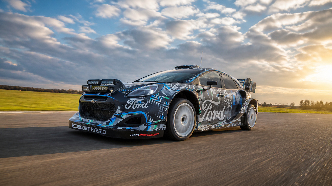 Ford Rallye-Hybridauto mit markanter Lackierung fährt auf Asphalt bei Sonnenuntergang.
