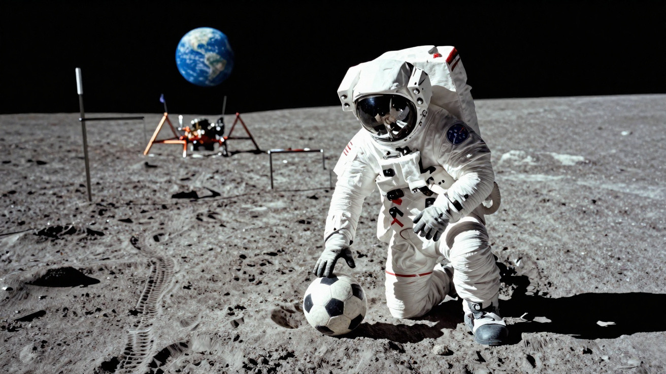 Astronaut kniet auf dem Mond und berührt einen Fußball, mit der Erde im Hintergrund.