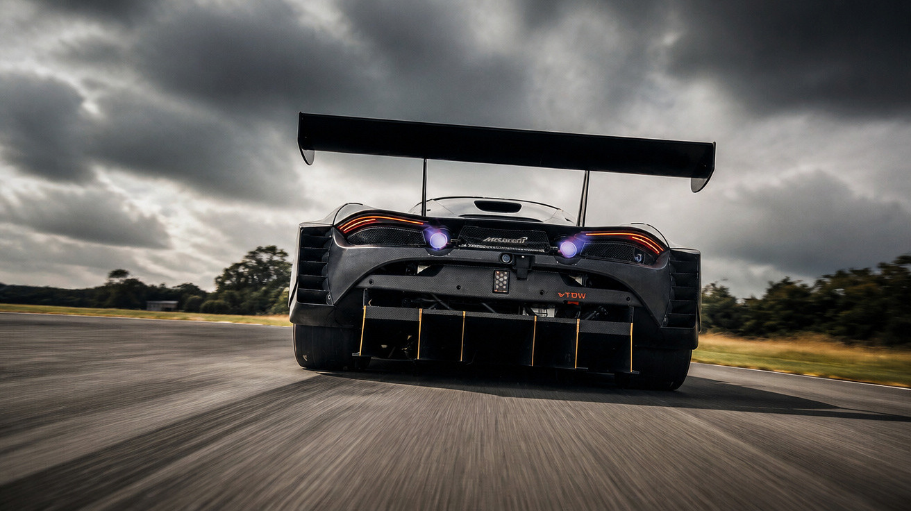 Heckansicht eines schwarzen McLaren Rennwagens mit großem Spoiler auf Rennstrecke bei bewölktem Himmel.