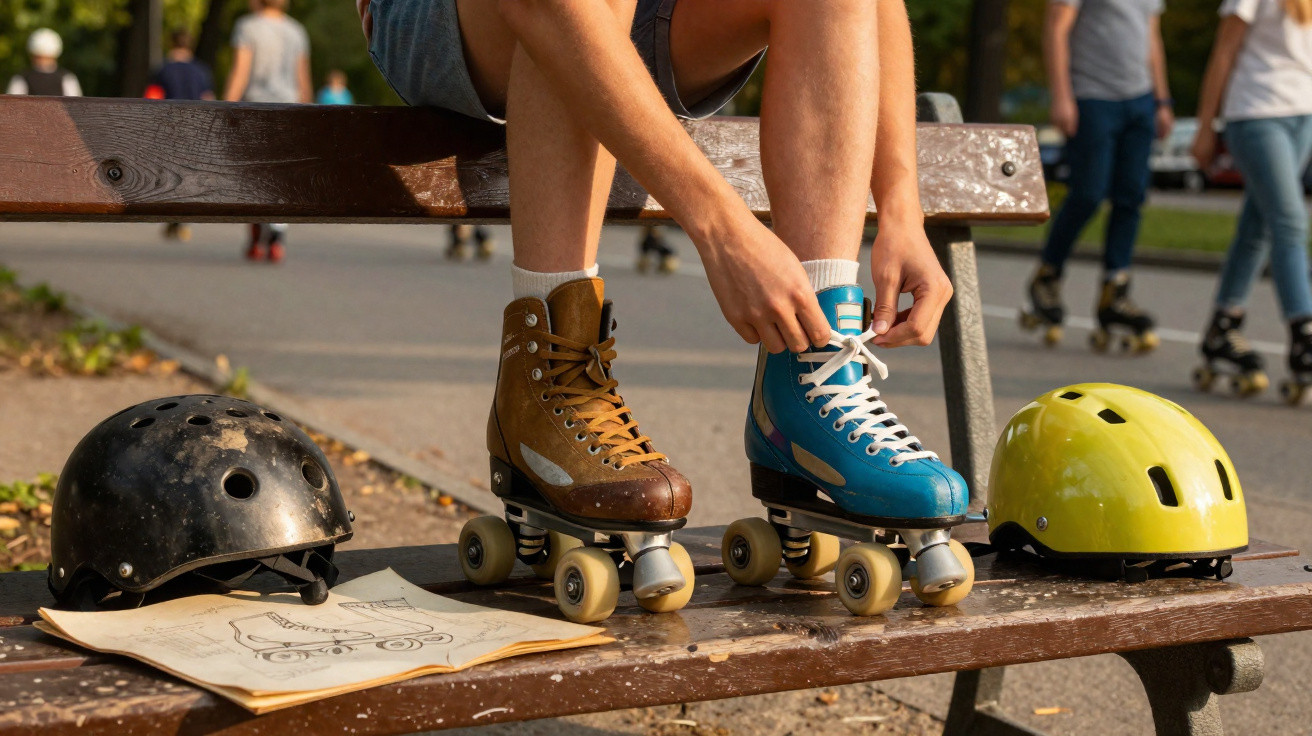 Person sitzt auf einer Bank und schnürt zwei verschiedene Rollschuhe, Helme liegen daneben.