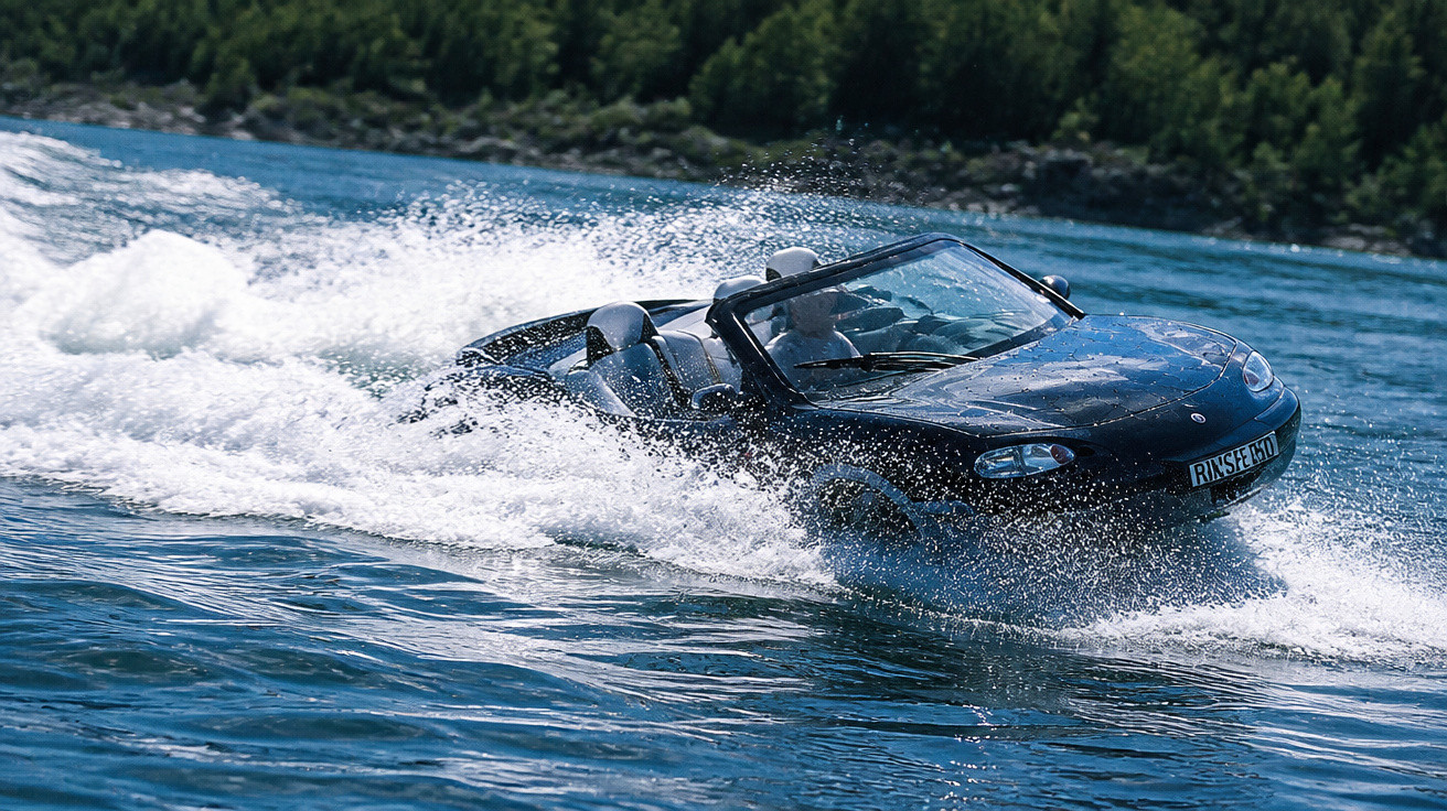 Schwarzes Amphibienauto fährt schnell über einen See mit starkem Wasserspritzer vor bewaldetem Ufer.