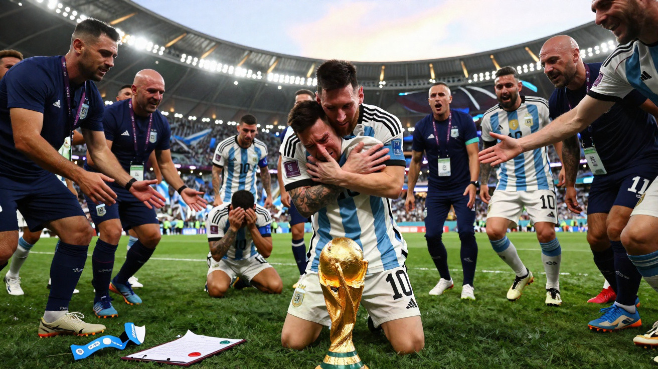 Fussballspieler in Argentinien-Trikots feiern emotional mit Pokal auf Spielfeld im Stadion.
