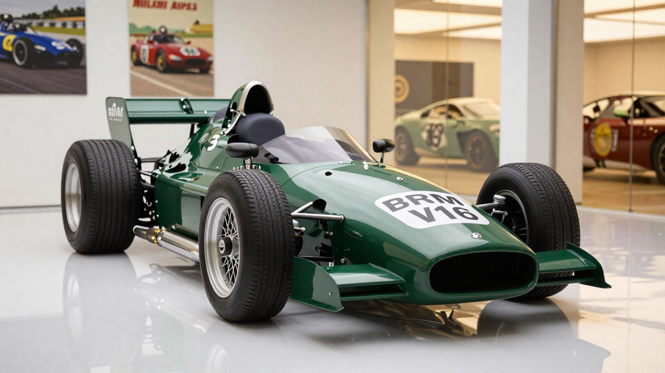 Grünes historisches Formel-1-Rennwagenmodell BRM V16 in einem Museum mit weiteren Rennwagen im Hintergrund.