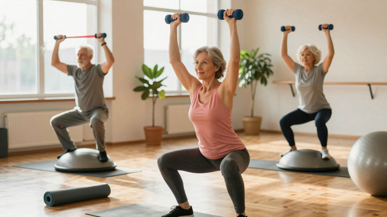Seniorinnen und Senior beim Training mit Hanteln und Balance-Boards in einem hellen Fitnessraum.