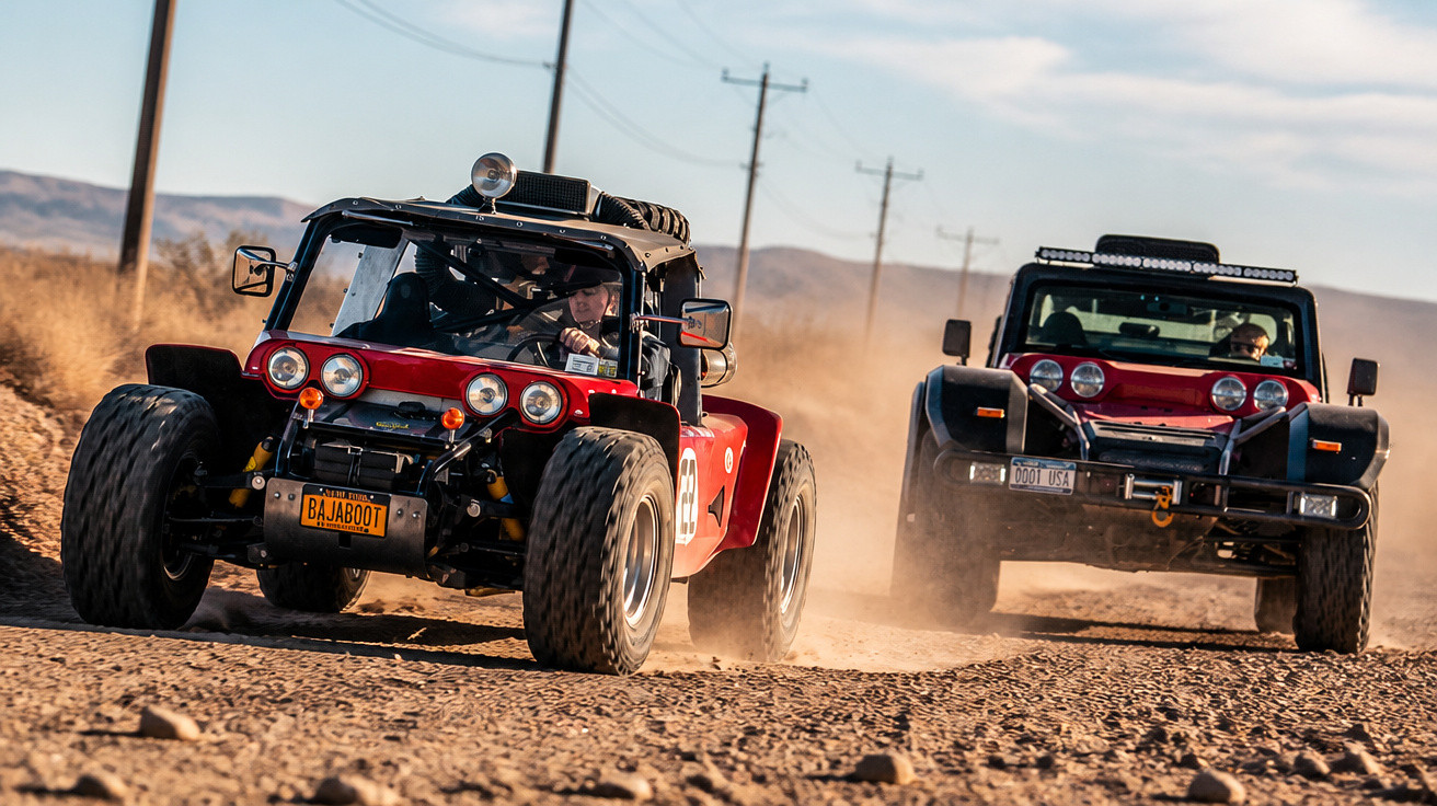 Zwei Offroad-Buggys fahren staubig über eine Wüstenpiste mit Bergen im Hintergrund.