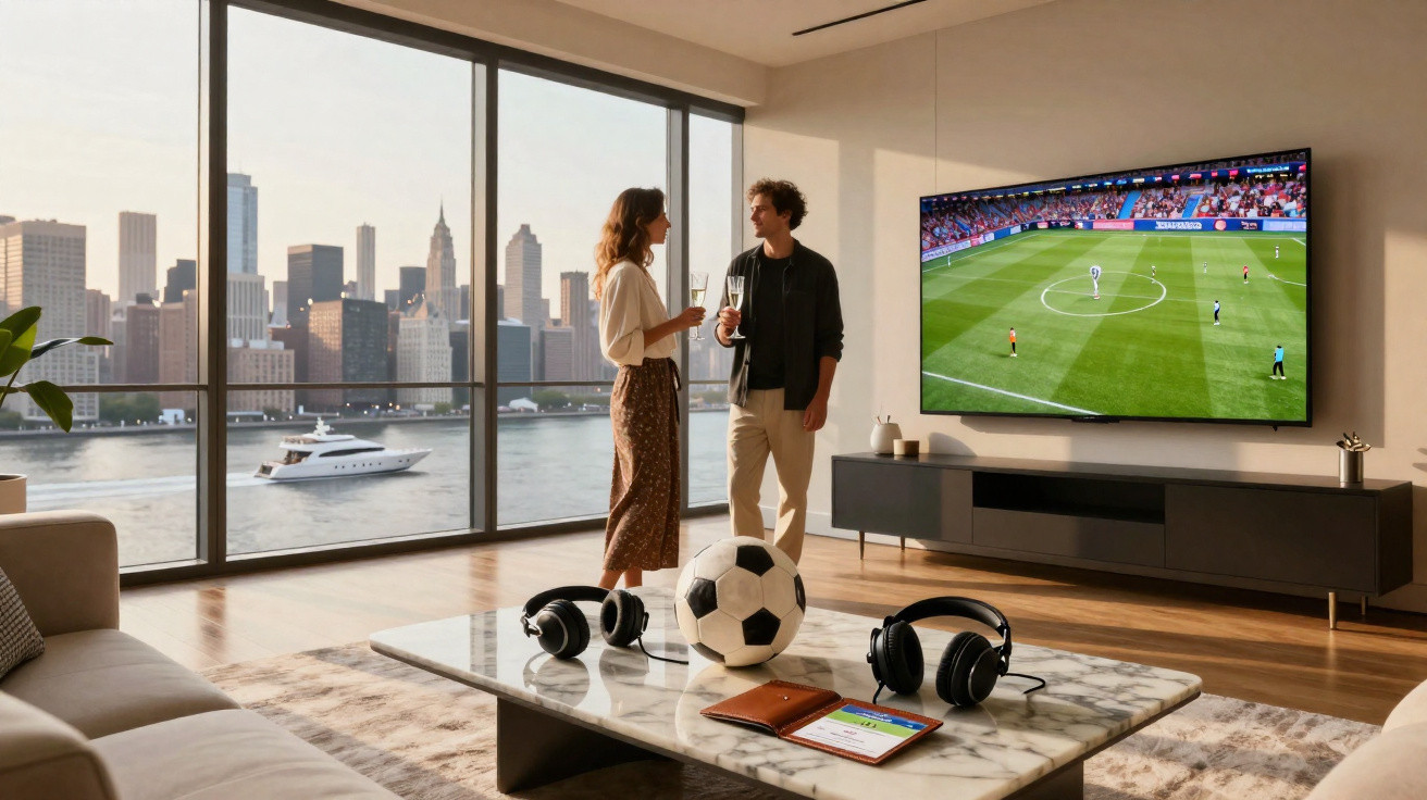 Paar steht in modernem Wohnzimmer mit Skylineblick, trinkt Sekt, Fußballspiel läuft im Hintergrund auf großem Fernseher.