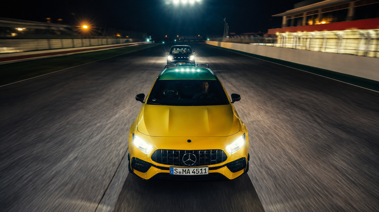 Gelbes Mercedes-AMG Fahrzeug mit eingeschaltetem Licht fährt nachts auf Rennstrecke, weiteres Auto im Hintergrund.