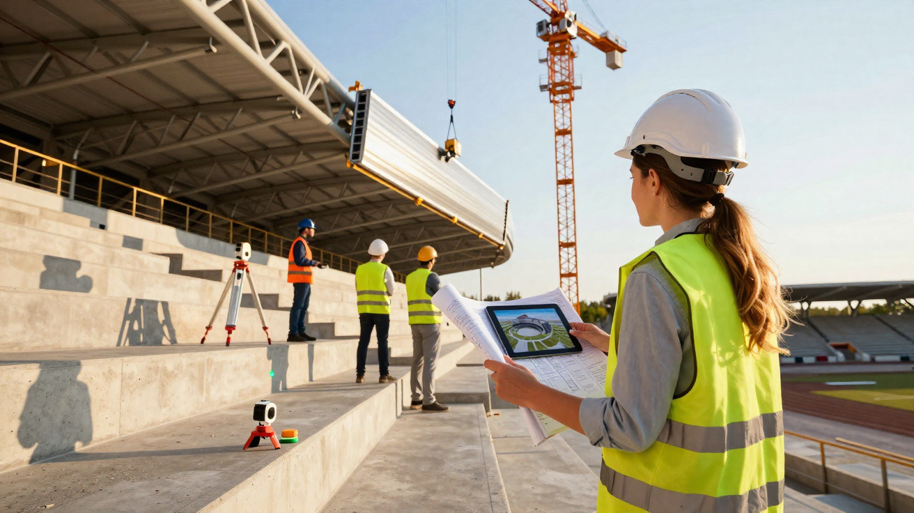 Bauleiterin mit Helm und Plänen überwacht Baustelle eines Stadions mit Kran und Arbeitern in Warnwesten.