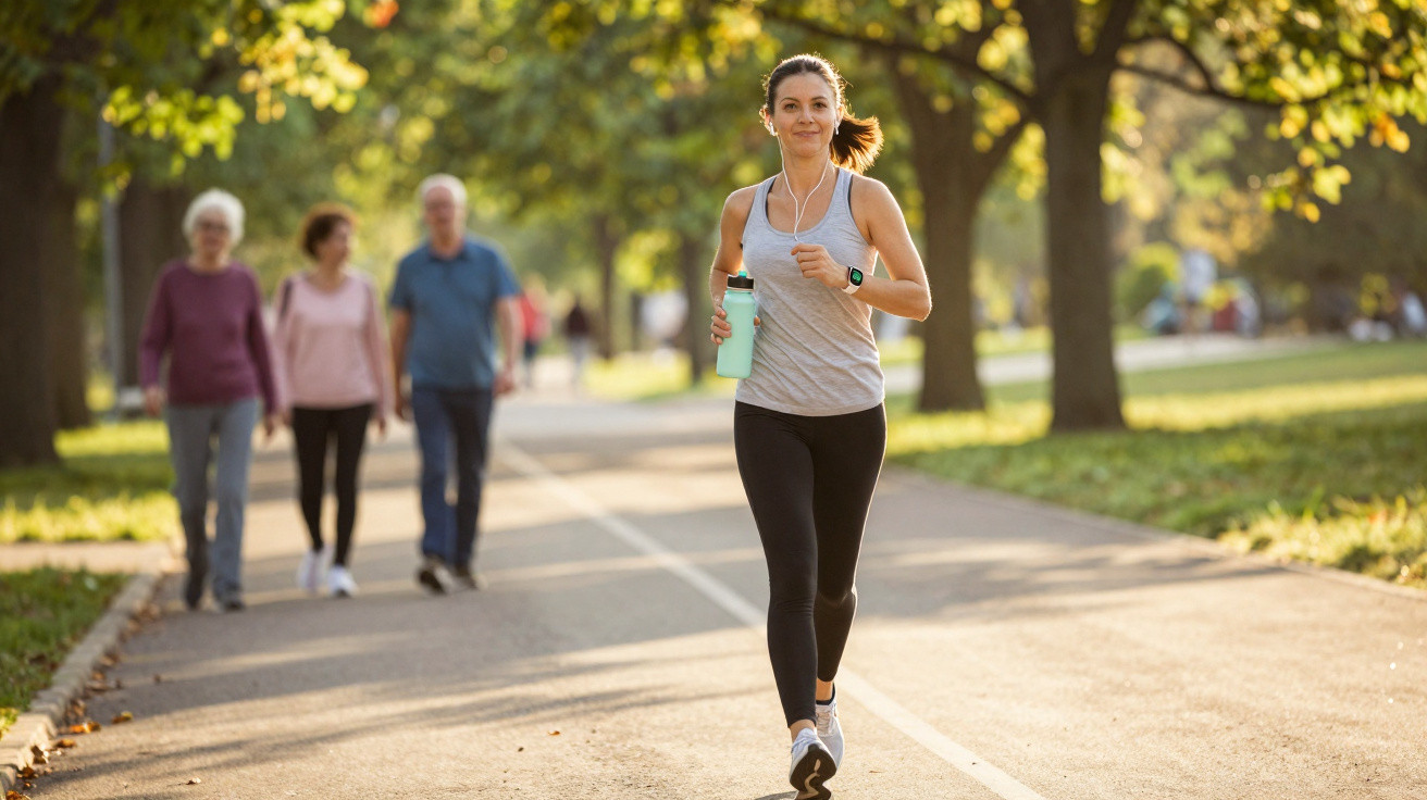 Junge Frau joggt mit Wasserflasche und Kopfhörern auf sonnigem Parkweg, im Hintergrund ältere Spaziergänger.
