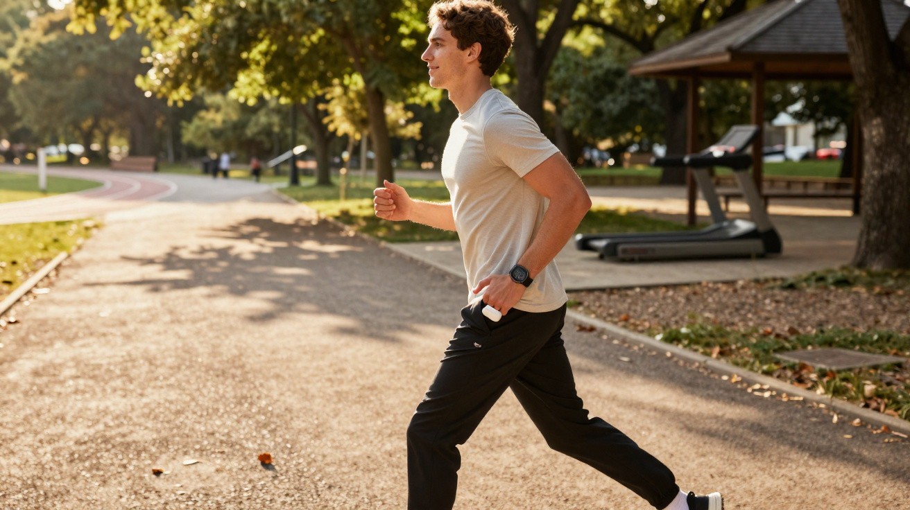 Junger Mann joggt im Park auf einem sonnigen Weg neben einer Laufbahn und Fitnessgeräten.