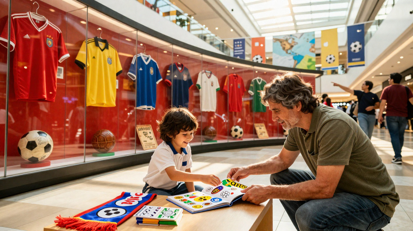 Ein Junge und ein Mann sitzen am Tisch im Museum neben Fußballtrikots und betrachten ein Buch mit Stickern.