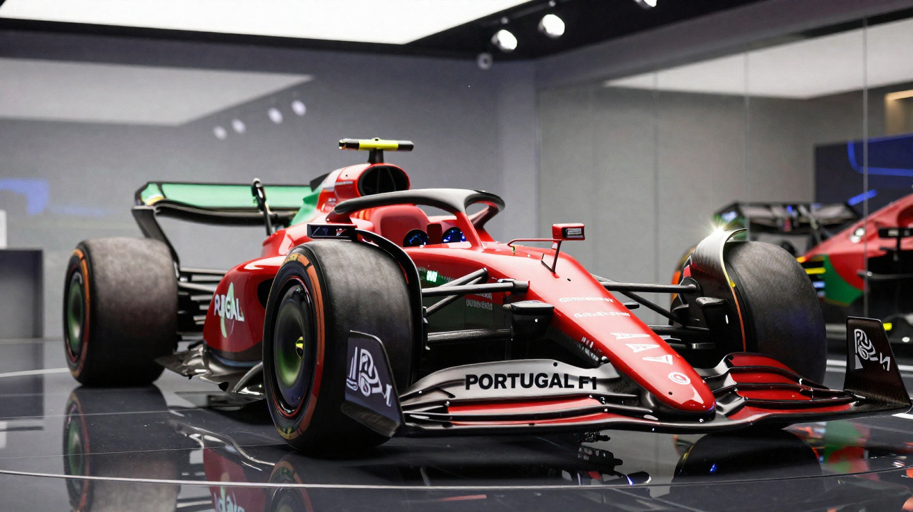 Roter Formel-1-Rennwagen mit Portugal-Beschriftung in moderner Ausstellungshalle auf glänzendem Boden.