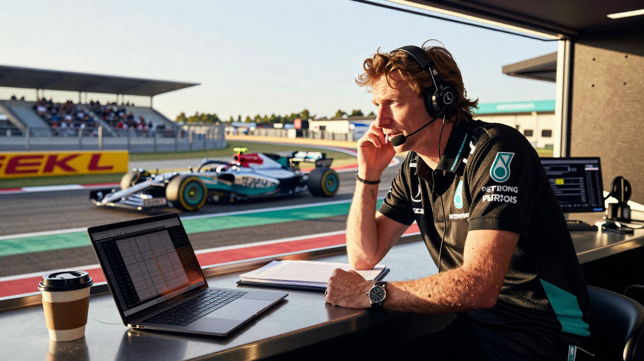 Mann mit Headset verfolgt Formel-1-Rennen am Laptop, Formel-1-Auto fährt auf der Rennstrecke vorbei.