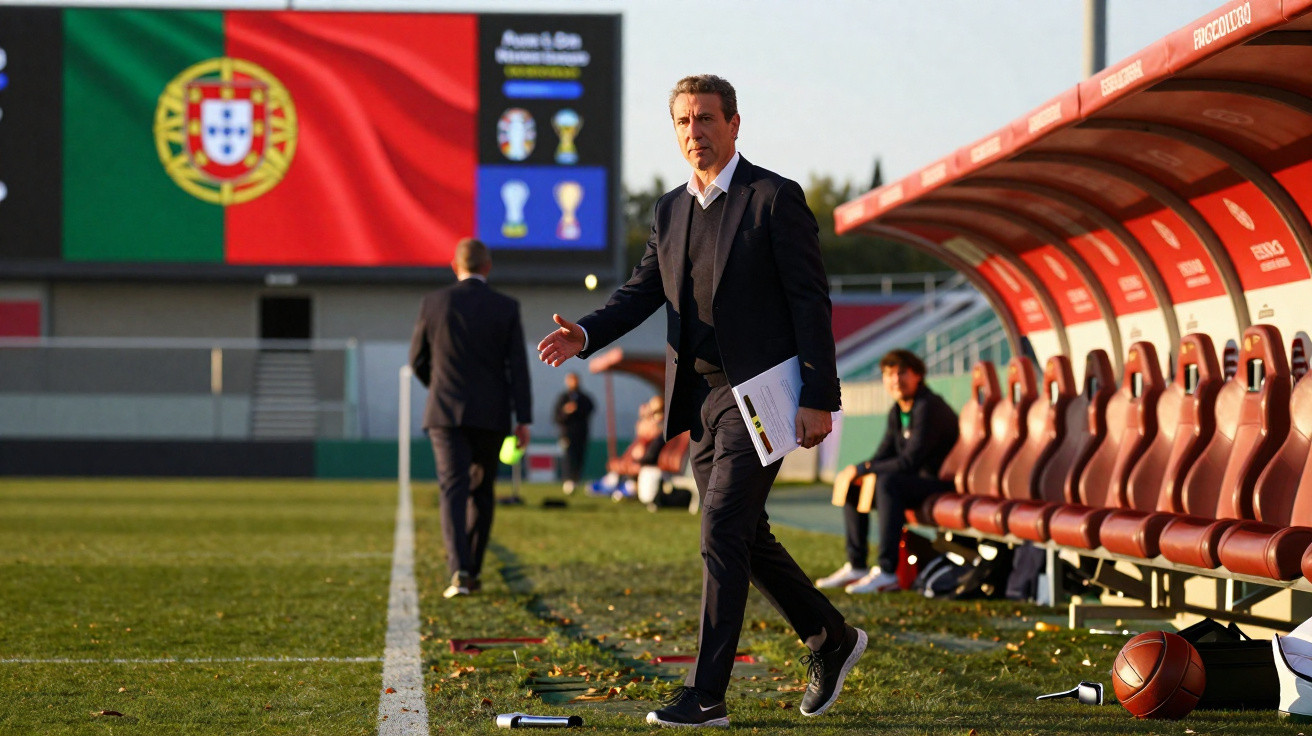 Fußballtrainer in Anzug gestikuliert am Spielfeldrand vor Portugal-Flagge und Team-Bank im Stadion.