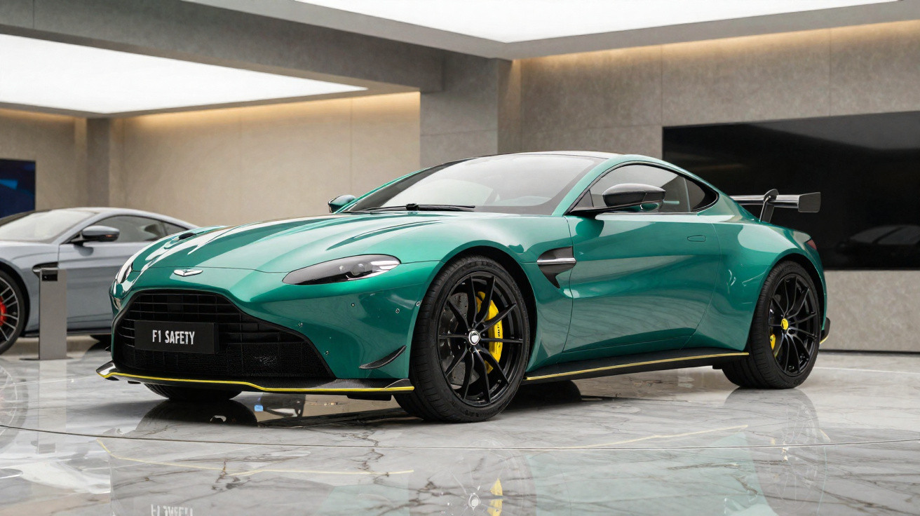 Grüner Aston Martin Sportwagen mit schwarzem Spoiler und gelben Bremsen in modernem Ausstellungsraum.