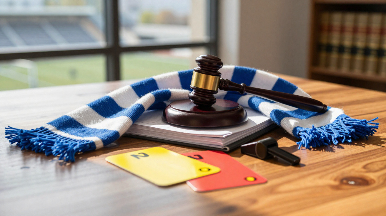 Richtertisch mit Hammer, Schiedsrichterpfeife, Spielkarten und blau-weiß gestreiftem Schal auf Holztisch.