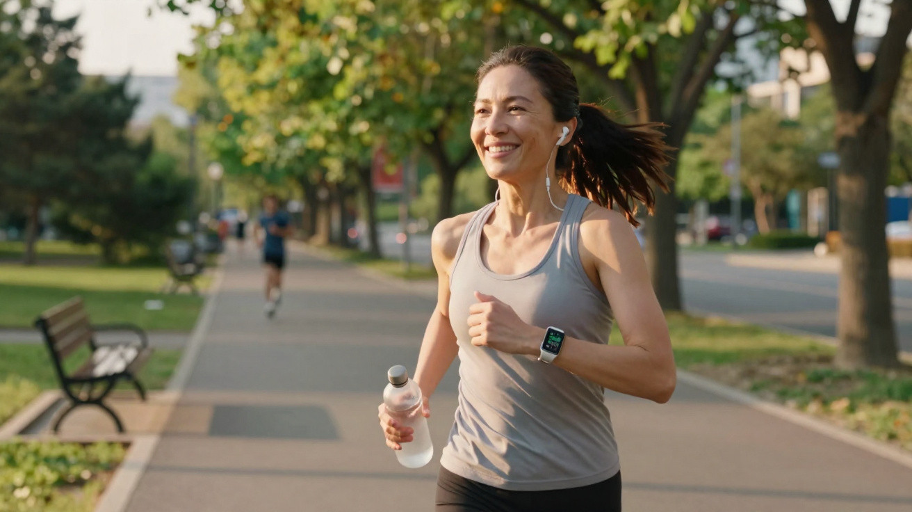 Frau joggt im Park mit Kopfhörern und hält eine Wasserflasche in der Hand, sonniger Tag.