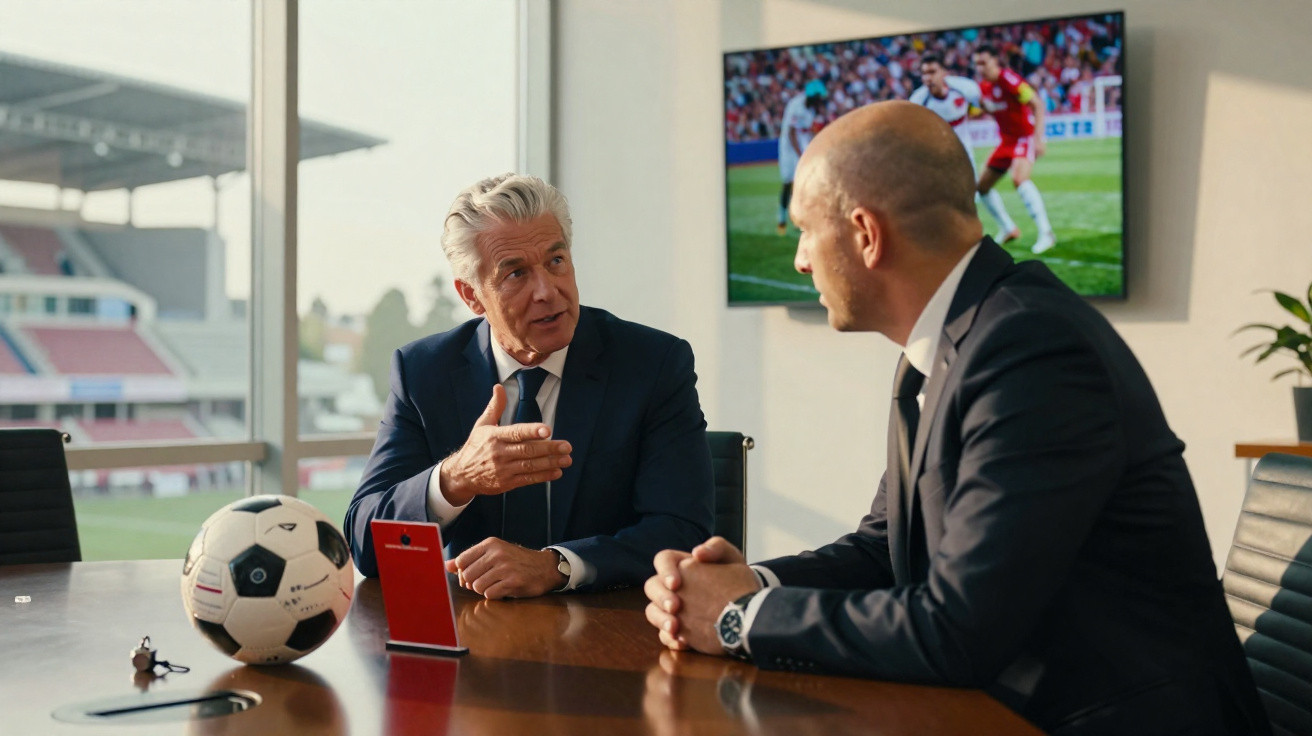 Zwei Männer in Anzügen diskutieren an einem Tisch mit Fußball und Tablet, Fußballspiel im Hintergrund.