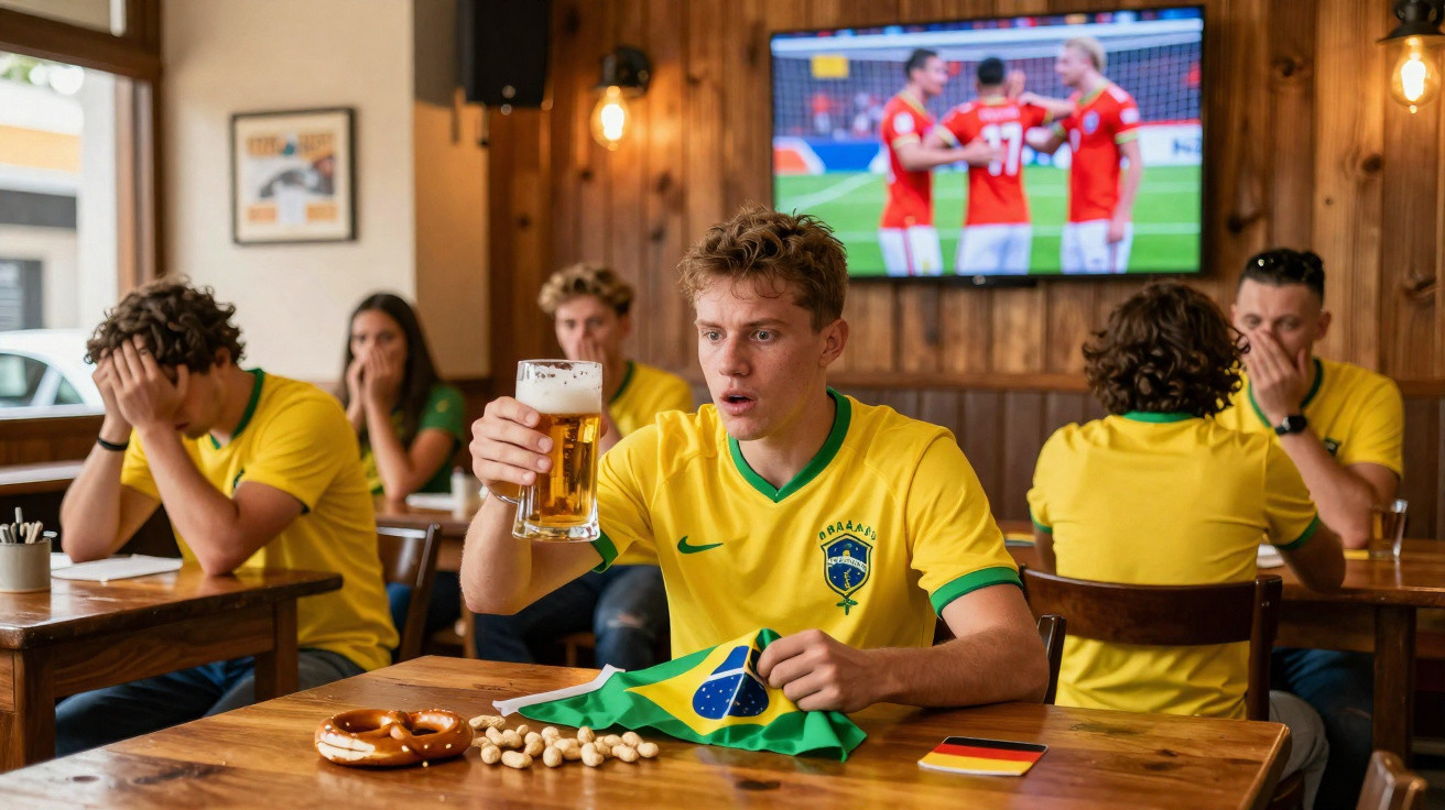 Junge in Brasilien-Trikot hält Bierglas, schaut überrascht, während Fußballspiel im Hintergrund läuft.