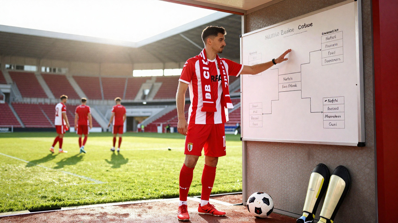 Fußballspieler in rotem Trikot erklärt am Whiteboard Turnierbaum vor Spielfeld im Stadion.