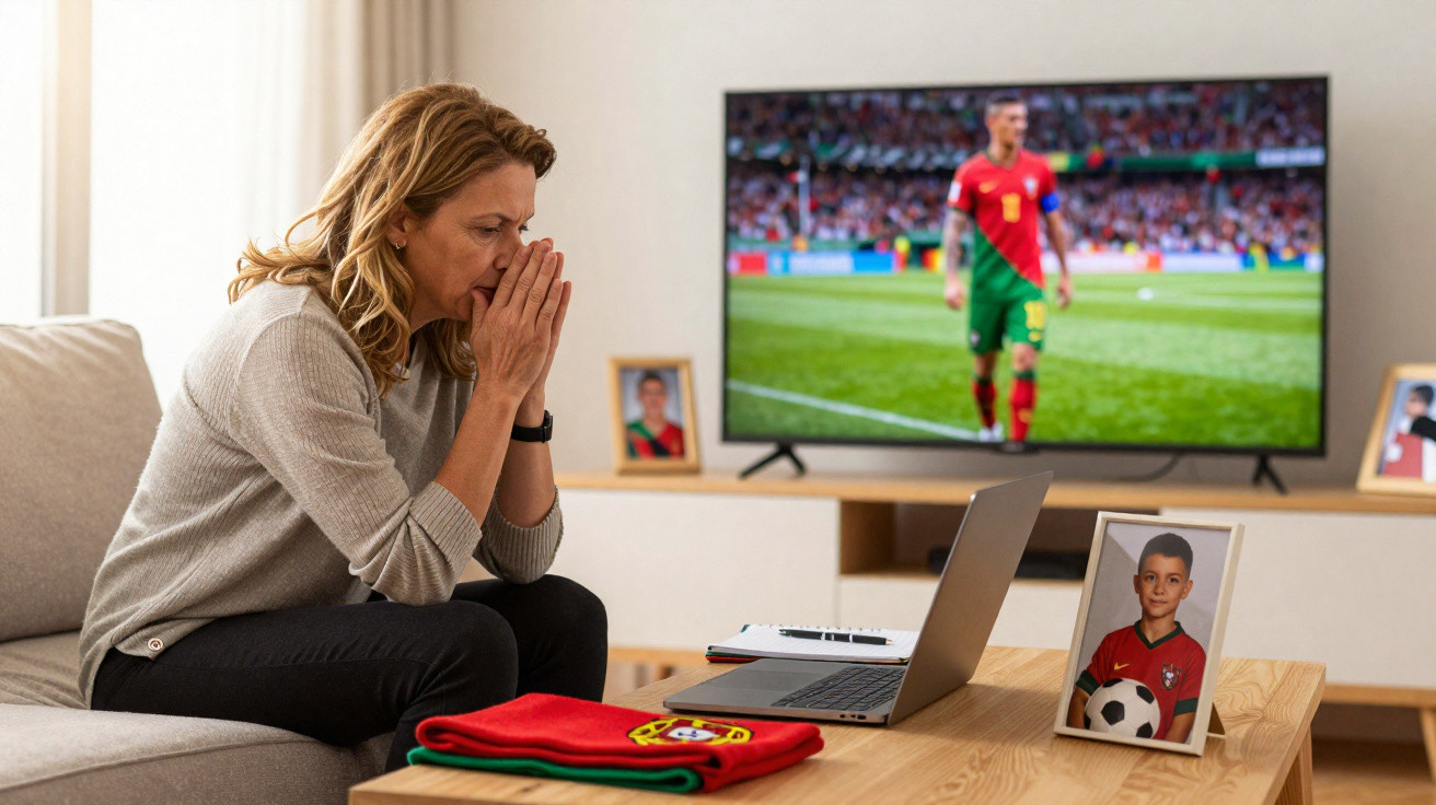 Nachdenkliche Frau sieht Portugal-Fußballspiel auf Laptop, mit Trikot und Foto eines Jungen auf dem Tisch.