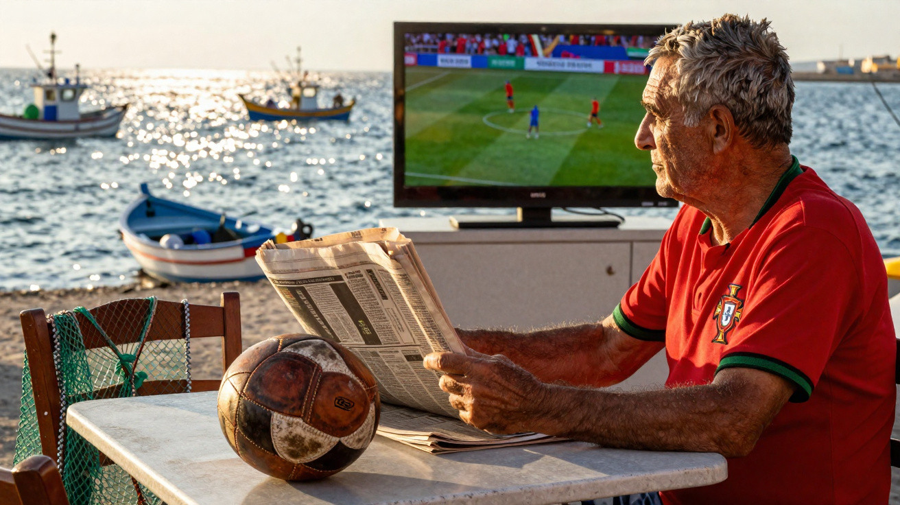 Älterer Mann in Fußballtrikot liest Zeitung am Meer, alter Fußball und TV mit Spiel im Hintergrund.