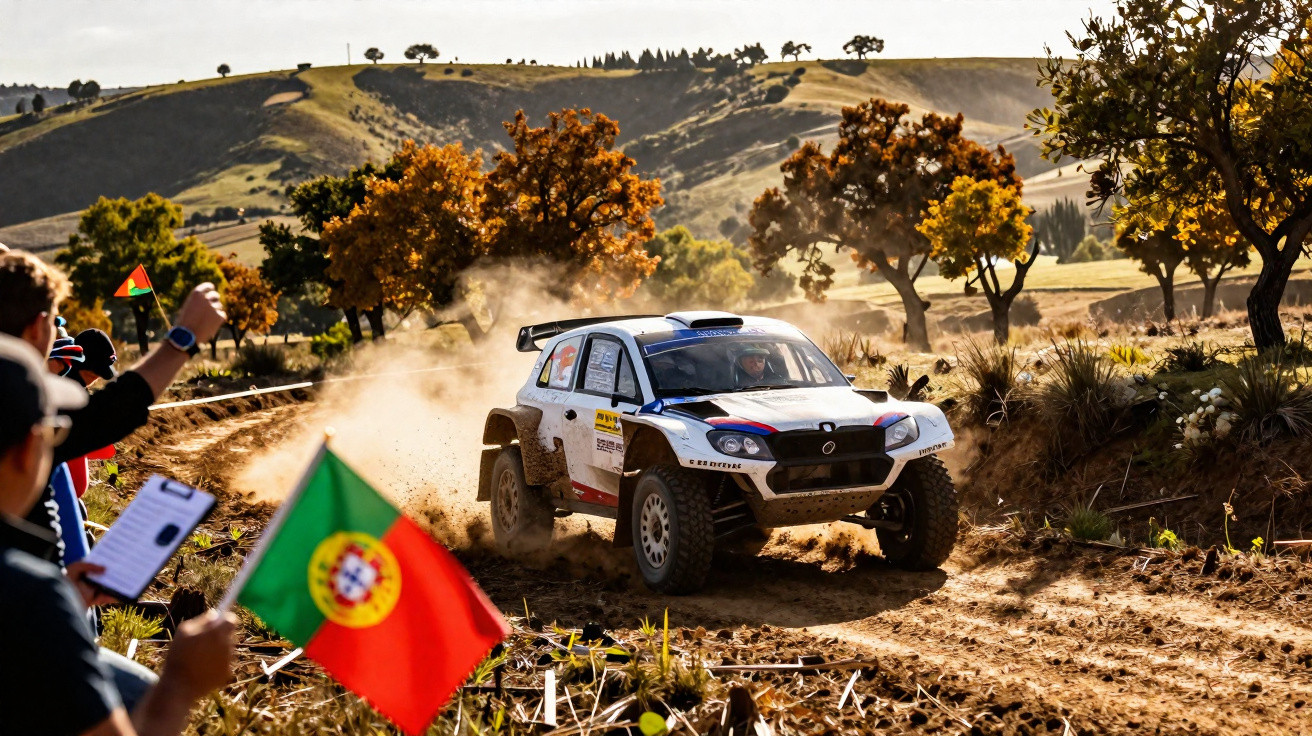 Rallyeauto fährt auf staubiger Landstraße, im Vordergrund feuern Zuschauer mit portugiesischer Flagge an.