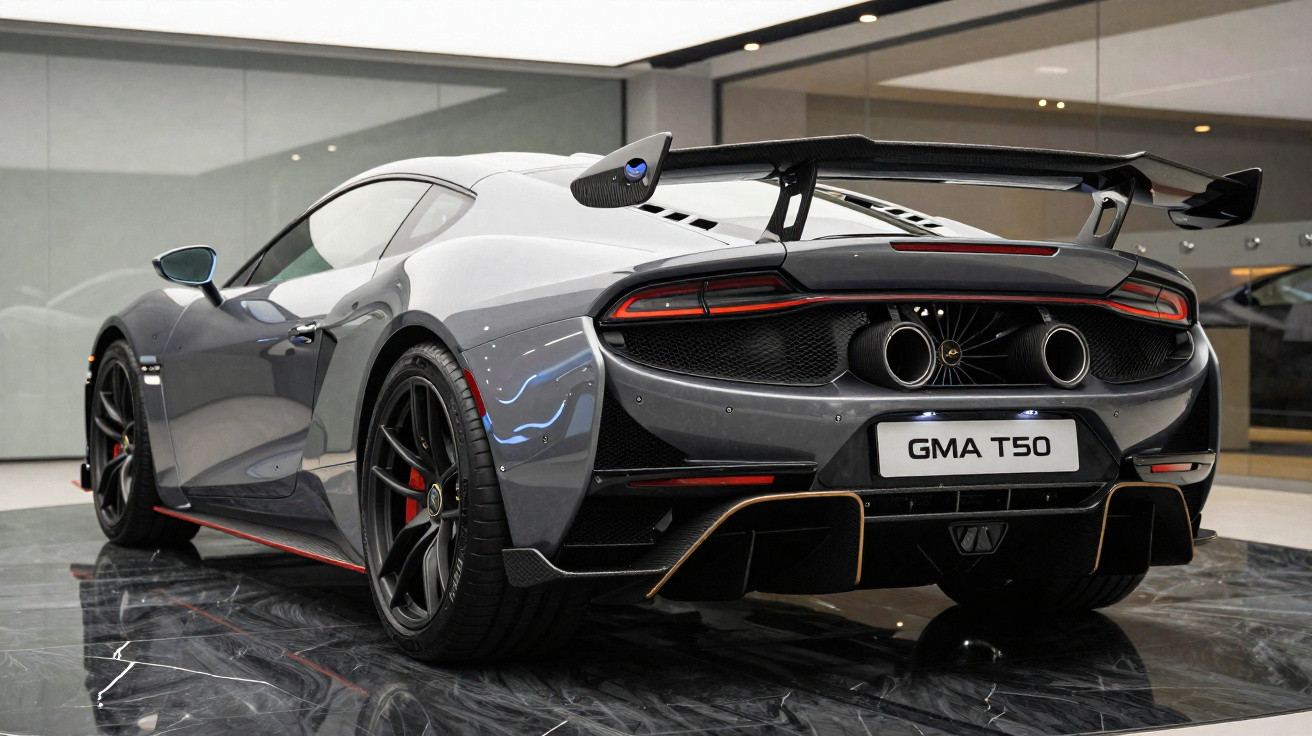 Sportlicher grauer McLaren GMA T50 mit großem Heckspoiler in modernem Showroom.