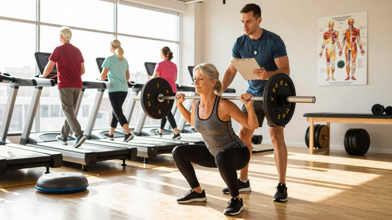 Frau macht Kniebeugen mit Langhantel, während Trainer sie im Fitnessstudio mit Laufbandnutzer im Hintergrund unterstützt.