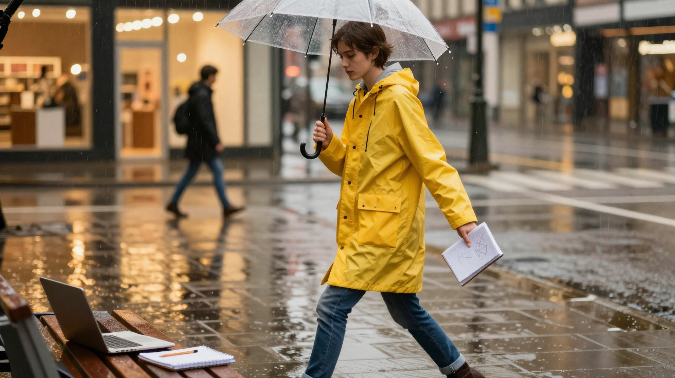 Frau mit gelbem Regenmantel und transparentem Regenschirm geht im Regen über den nassen Bürgersteig.