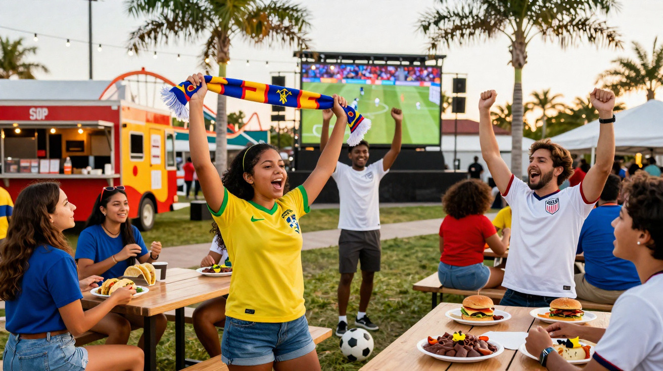 Junge Menschen jubeln und schauen ein Fußballspiel im Freien mit Essen und Getränken auf Picknicktischen.