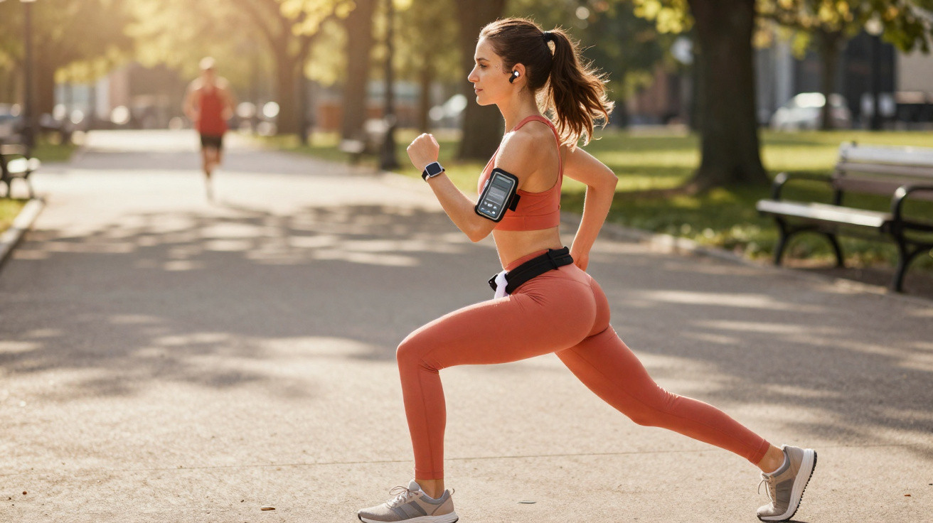 Junge Frau in Sportkleidung macht Ausfallschritt im Park bei sonnigem Wetter mit Fitness-Tracker und Kopfhörern.